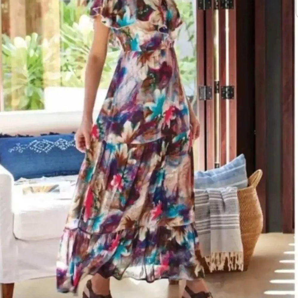 SOFT SURROUNDINGS Italian Dreams Tiered Maxi Dress‎ Size L Floral Viscose